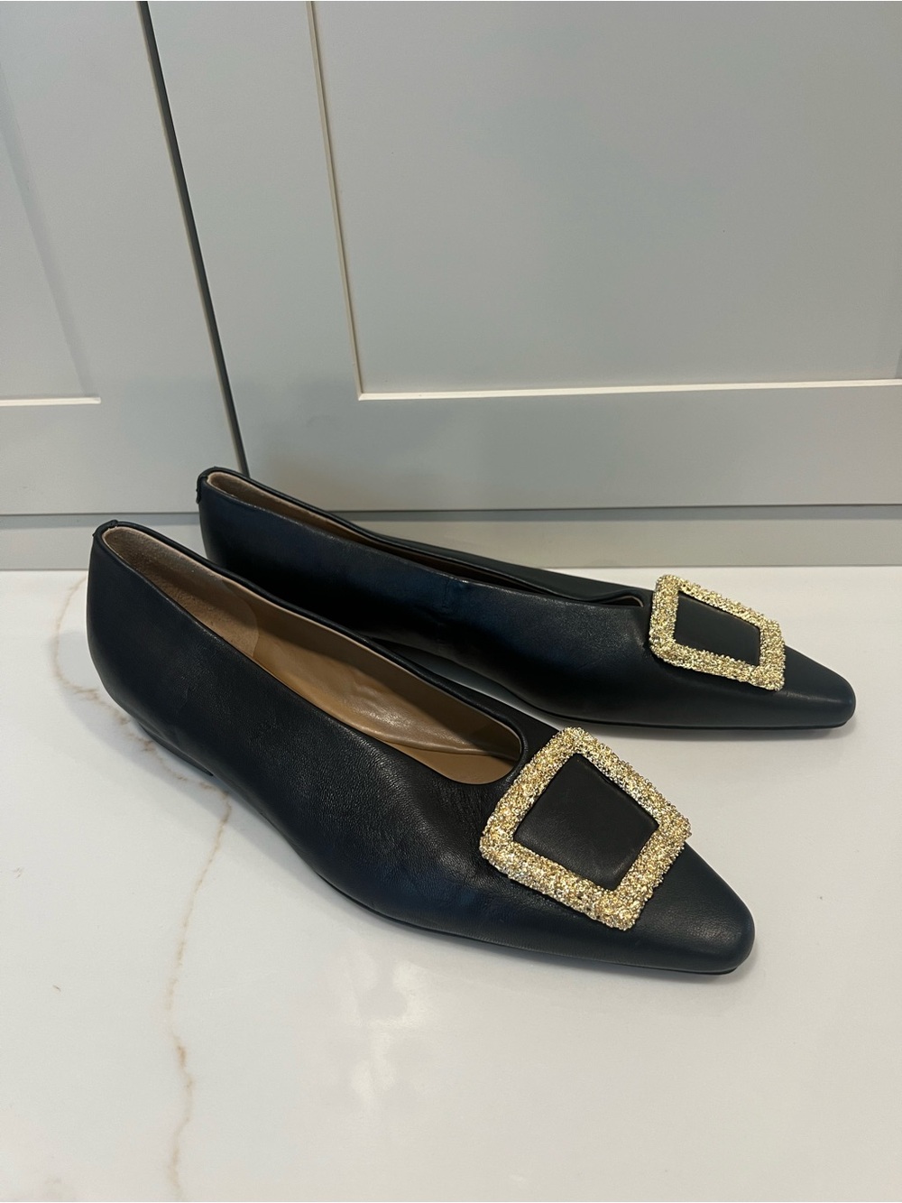Sam Edelman Black Pointed Toe Women's Flats with Gold Buckle